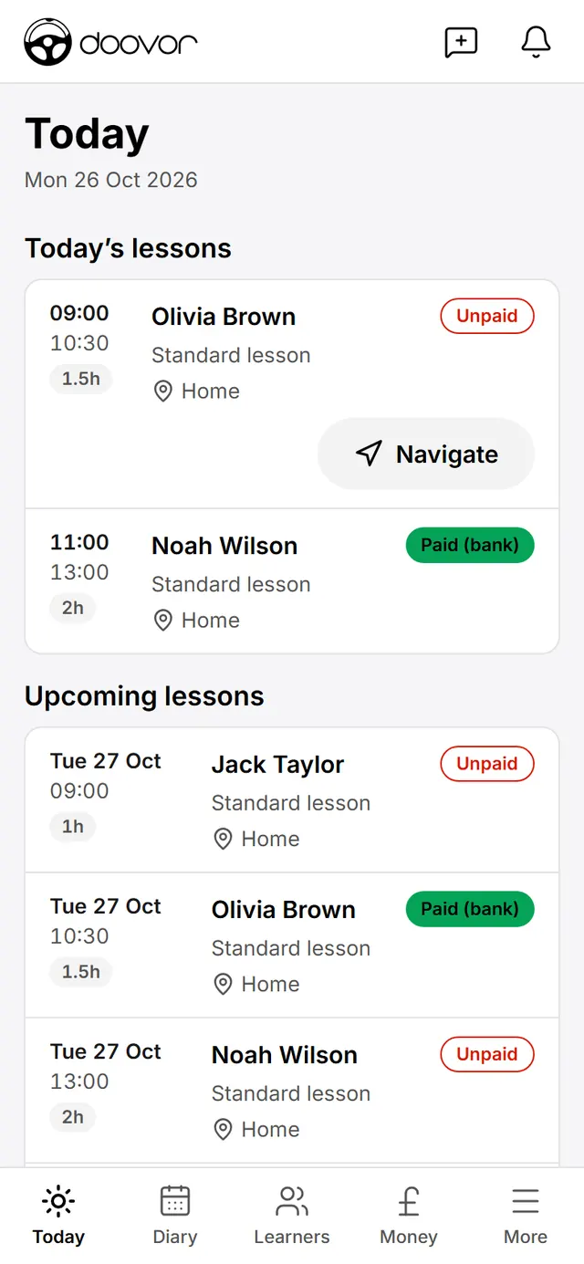 An instructor's Today screen with the day's lessons, pickup places and which lessons are paid