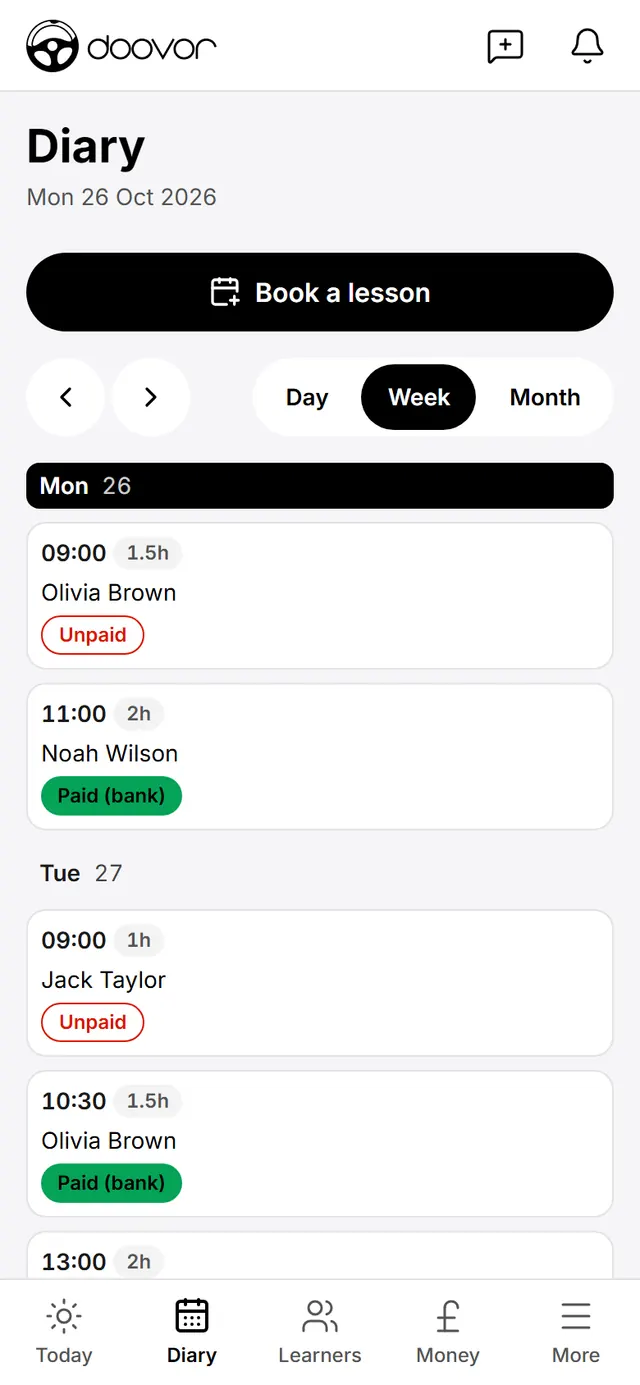 A driving instructor's diary in week view, with each lesson's time, learner and whether it is paid