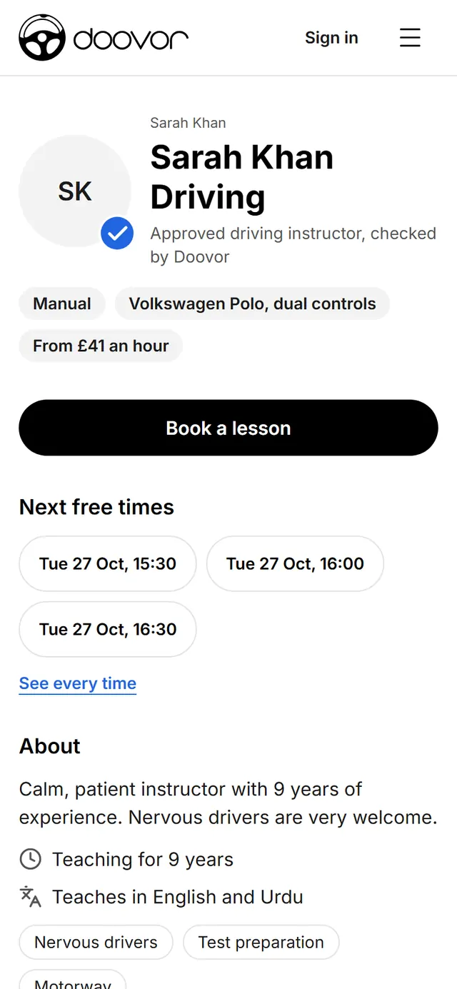 An instructor's public profile with a checked badge, car, price and next free times