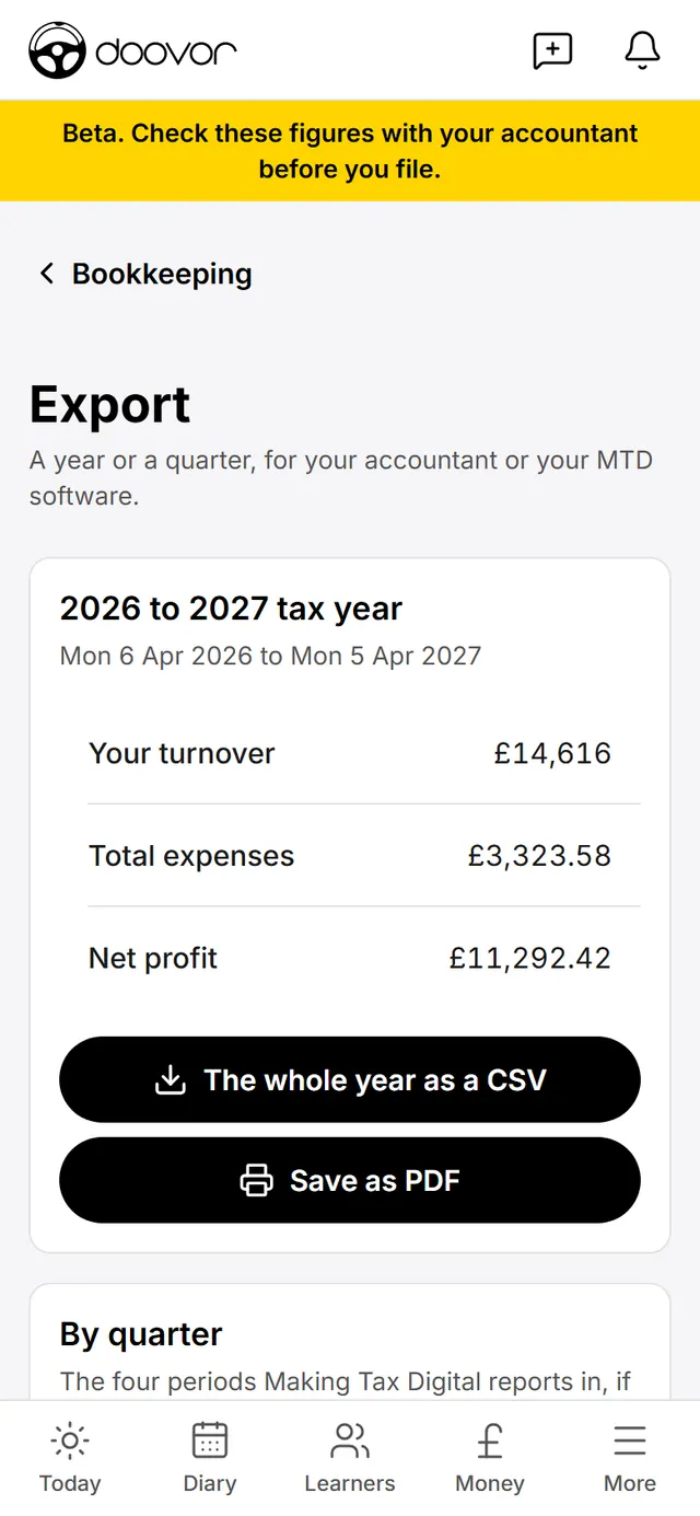 The export screen in a driving instructor app: the tax year's turnover, expenses and profit, with buttons for a CSV file and a PDF