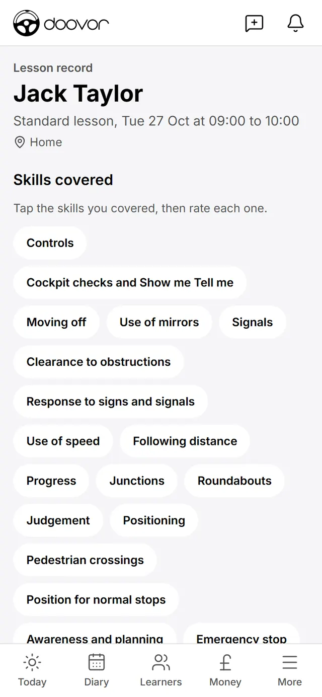 Recording a driving lesson by tapping the skills covered