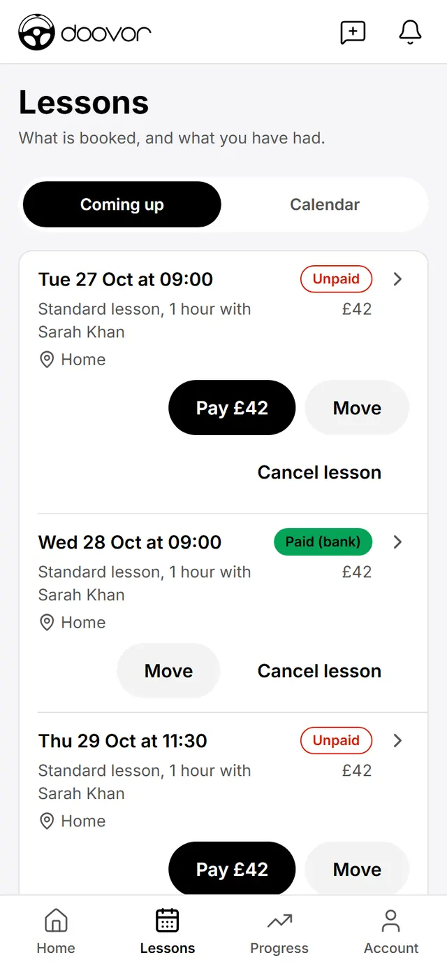 A learner's list of driving lessons with buttons to pay, move or cancel each one