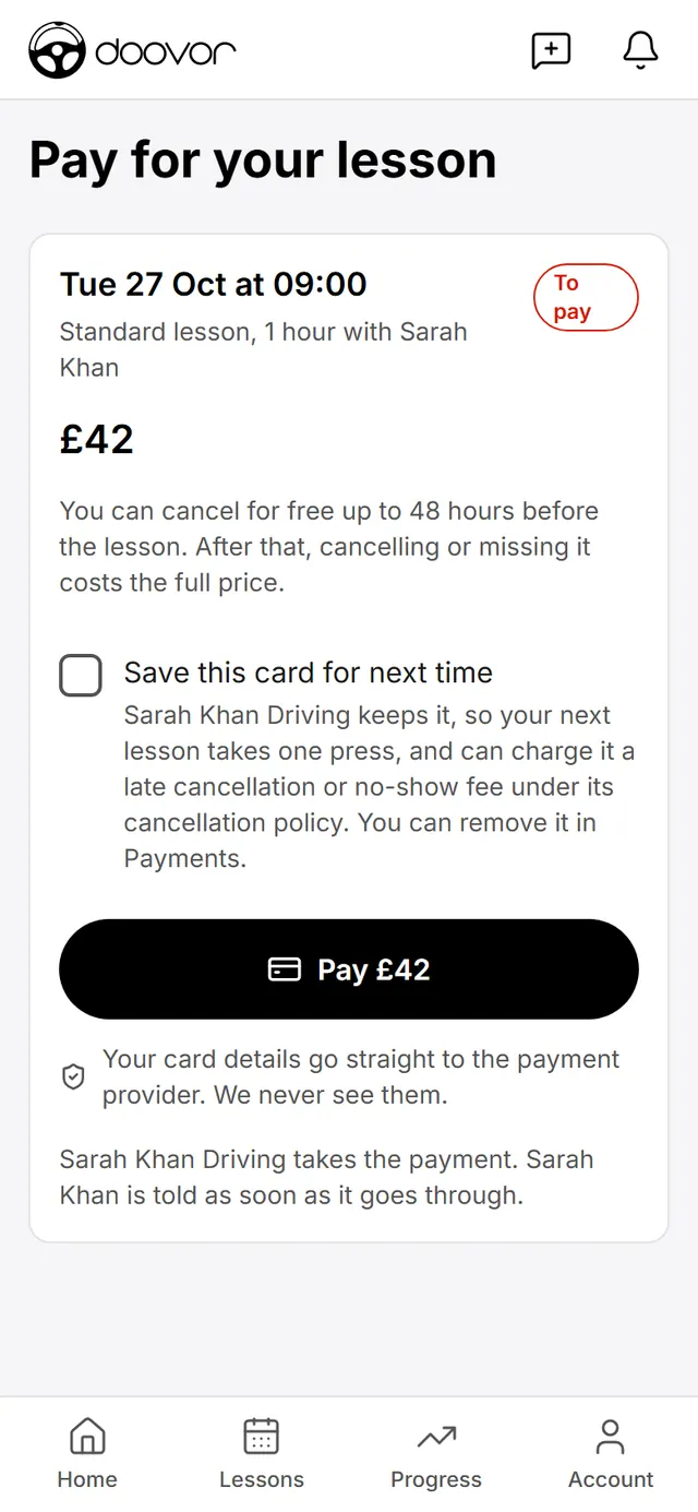 A learner paying for a driving lesson by card in the learner app