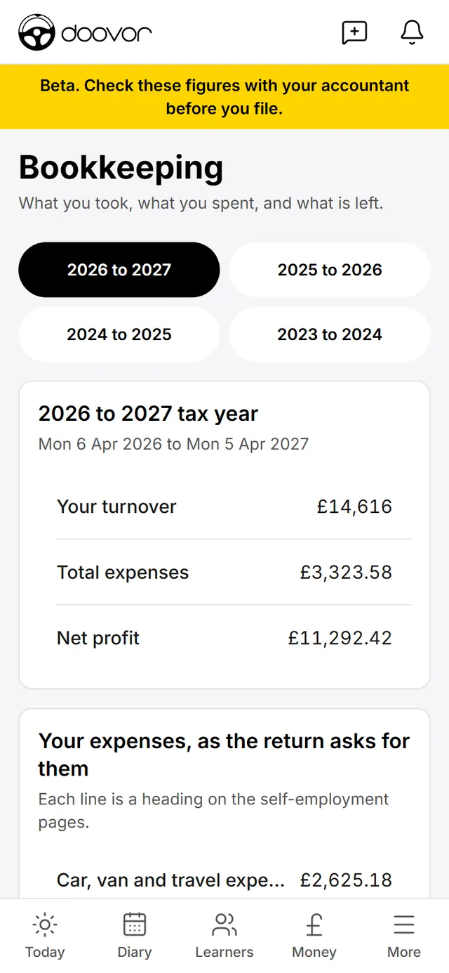 A driving instructor's bookkeeping screen: the tax year's turnover, expenses and net profit, and the expenses grouped as the tax return asks