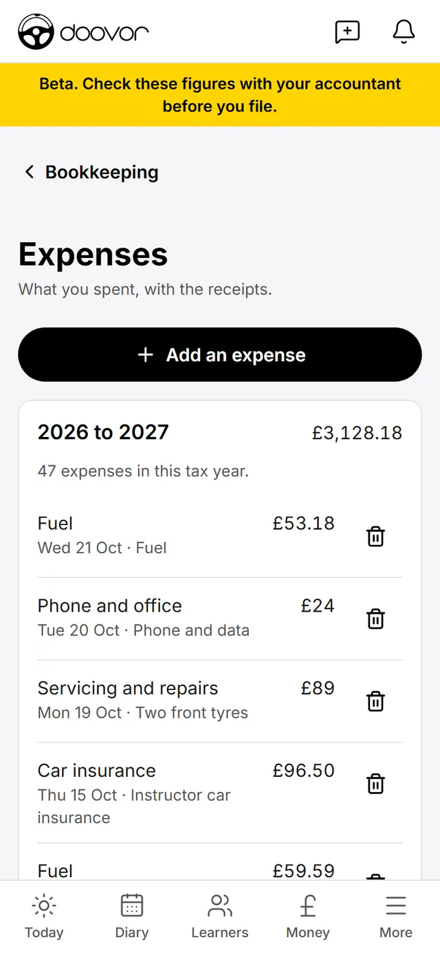 The expenses screen in a driving instructor app, with the tax year's total and each cost listed