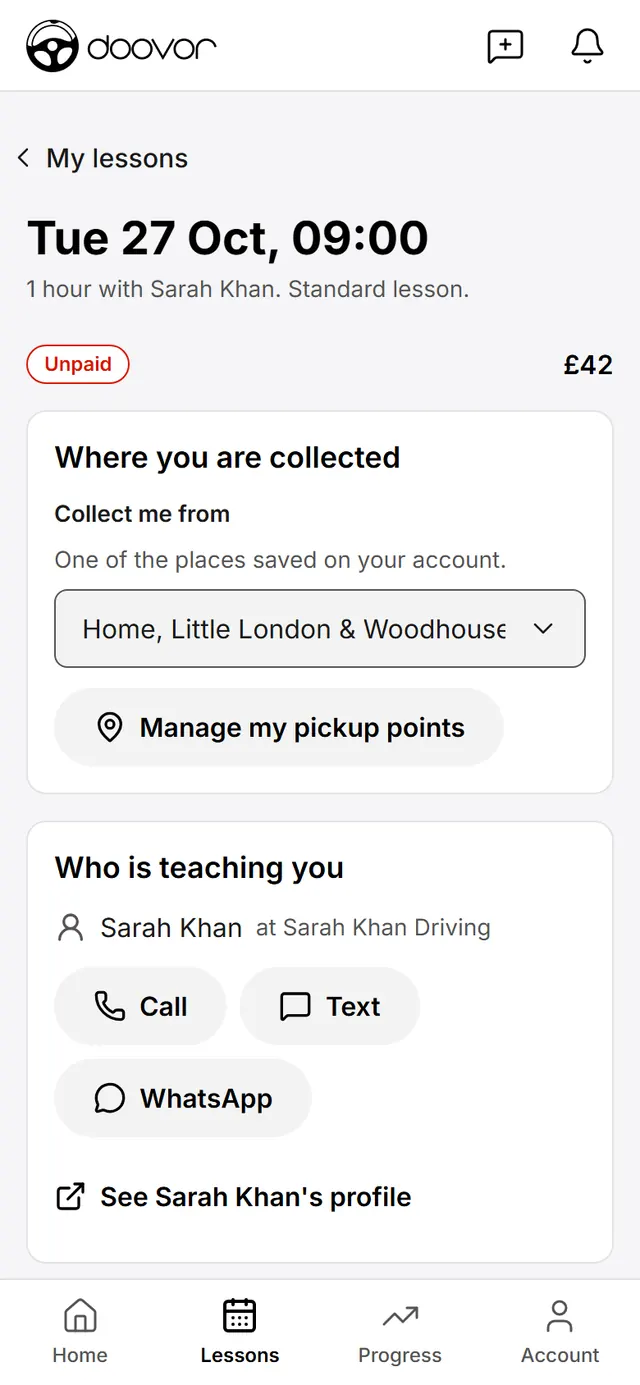 A learner's lesson screen with buttons to call, text or WhatsApp their instructor